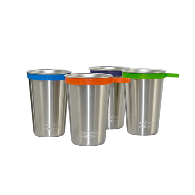Edelstahl Trinkbecher Pint Cup 473ml 4er Set + 4 Silikon Trageringe