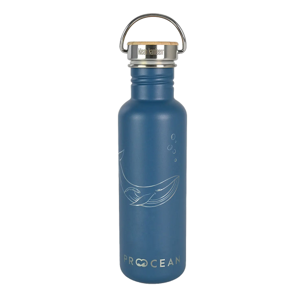 Edelstahl Trinkflasche Classic Pro Ocean gravierter Wal 800ml Bambus-Schraubverschluss